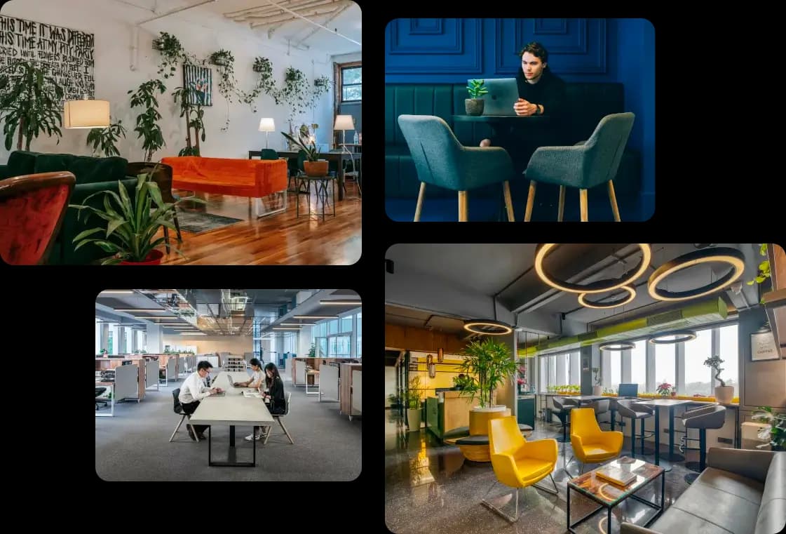 Quatre images d'espaces de coworking