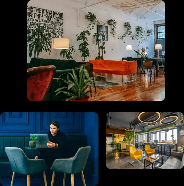 Trois images d'espaces de coworking